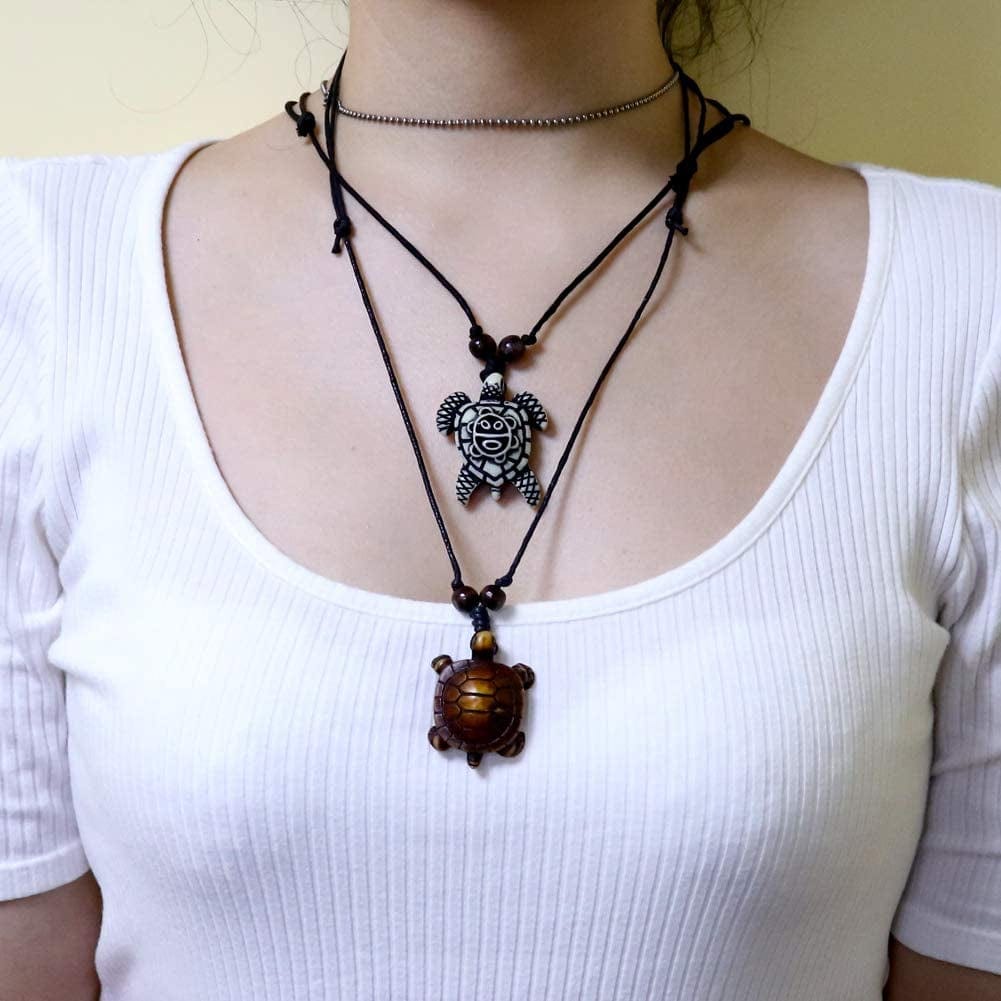 Pingyongchang Artificial Bone Carving Sea Turtles Pendant Necklaces Gifts for Women Men Adjustable Rope 6/10 Pcs -6Pcs