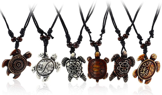 Pingyongchang Artificial Bone Carving Sea Turtles Pendant Necklaces Gifts for Women Men Adjustable Rope 6/10 Pcs -6Pcs