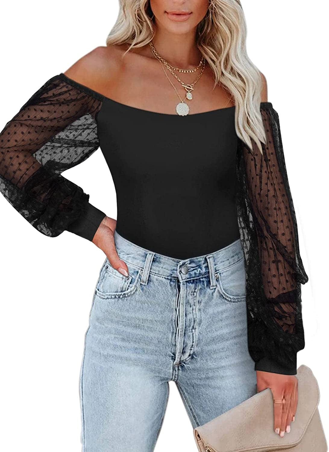 PINKMSTYLE Women'S Square Neck Long Sleeve Bodysuit Polka Dots Tops Sheer Basic Jumpsuit Party Shirts