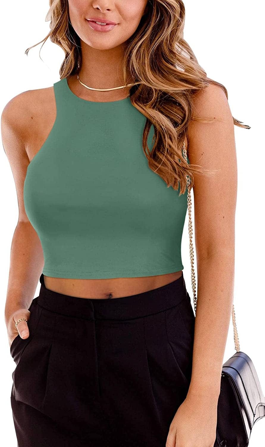 PINKMSTYLE Womens Double Lined Seamless Racerback Crop Tank Top Basic Summer Sleeveless Halter Tops Grey Green / Large