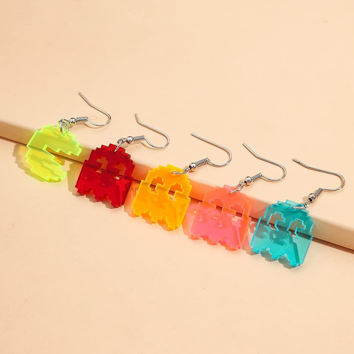 Pixel Ghost Pac-Man Earrings Set Acrylic Gummy Demon Crazy Funny Aesthetic Cute Weird Game Dangle Drop Earrings for Women Girls 5 Pairs