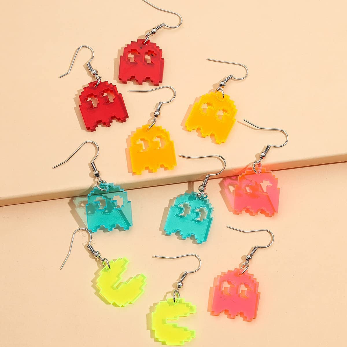 Pixel Ghost Pac-Man Earrings Set Acrylic Gummy Demon Crazy Funny Aesthetic Cute Weird Game Dangle Drop Earrings for Women Girls 5 Pairs