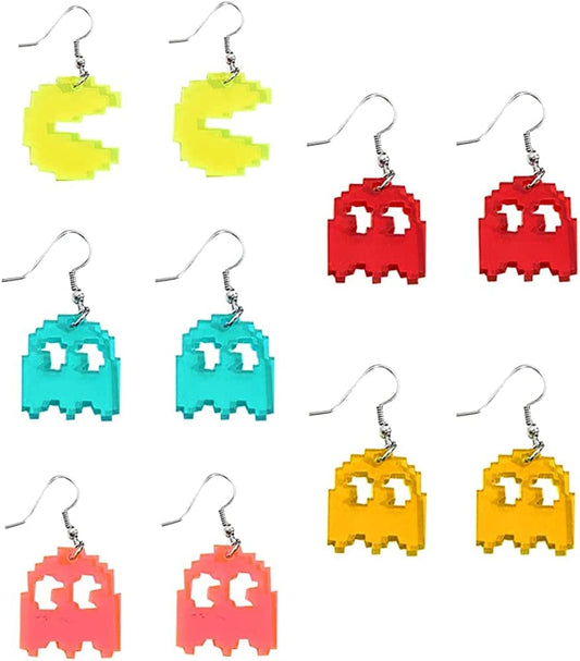 Pixel Ghost Pac-Man Earrings Set Acrylic Gummy Demon Crazy Funny Aesthetic Cute Weird Game Dangle Drop Earrings for Women Girls 5 Pairs