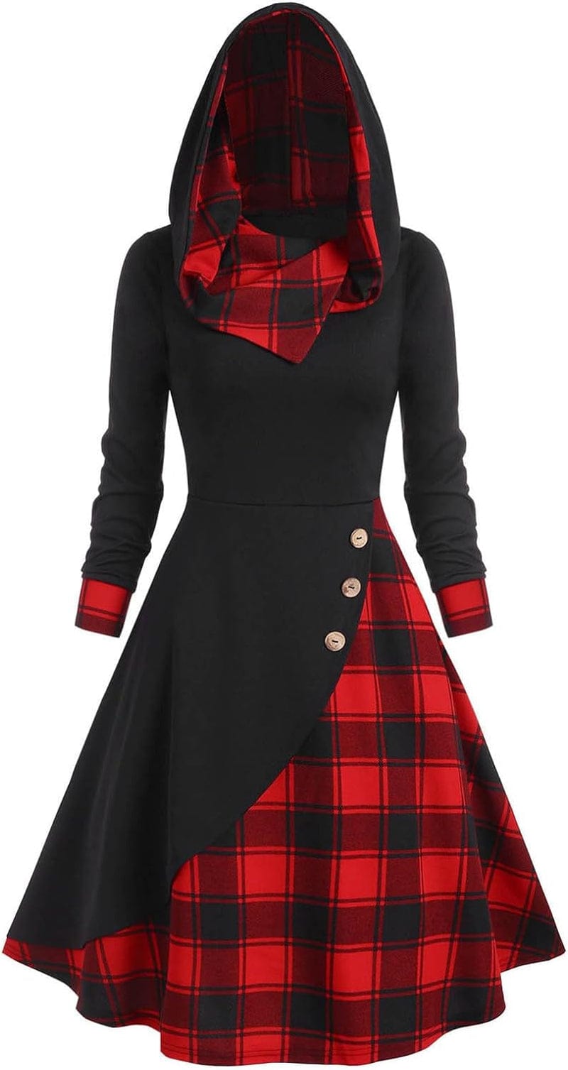 Plaid Print Splicing Dress, Women'S Plaid Print Splicing Button Decor Cable Hooded Long Sleeve Midi Dresses Black-B / Large