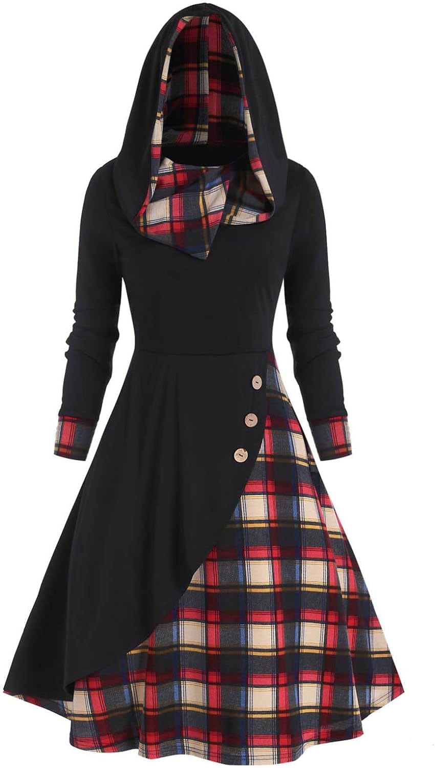Plaid Print Splicing Dress, Women'S Plaid Print Splicing Button Decor Cable Hooded Long Sleeve Midi Dresses Black-A / Medium