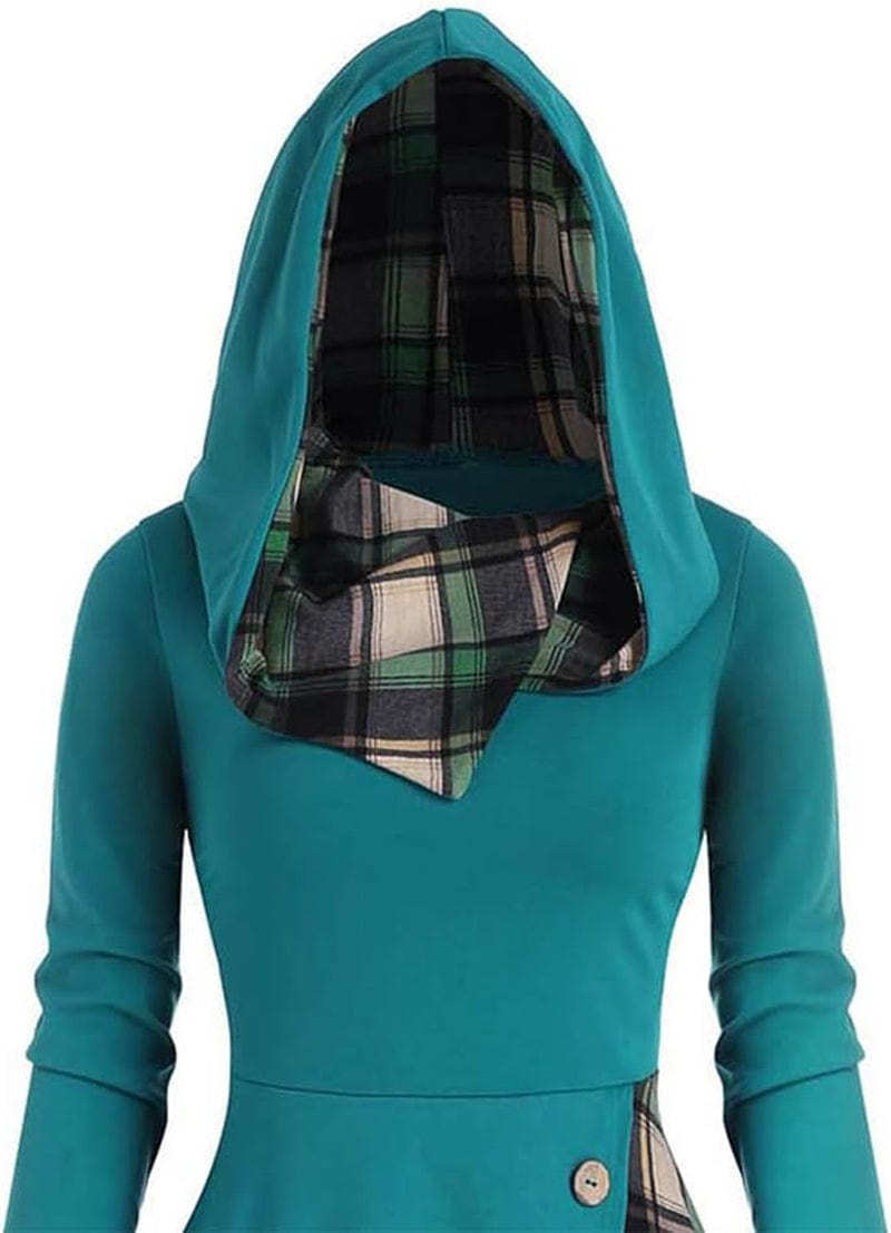 Plaid Print Splicing Dress, Women'S Plaid Print Splicing Button Decor Cable Hooded Long Sleeve Midi Dresses