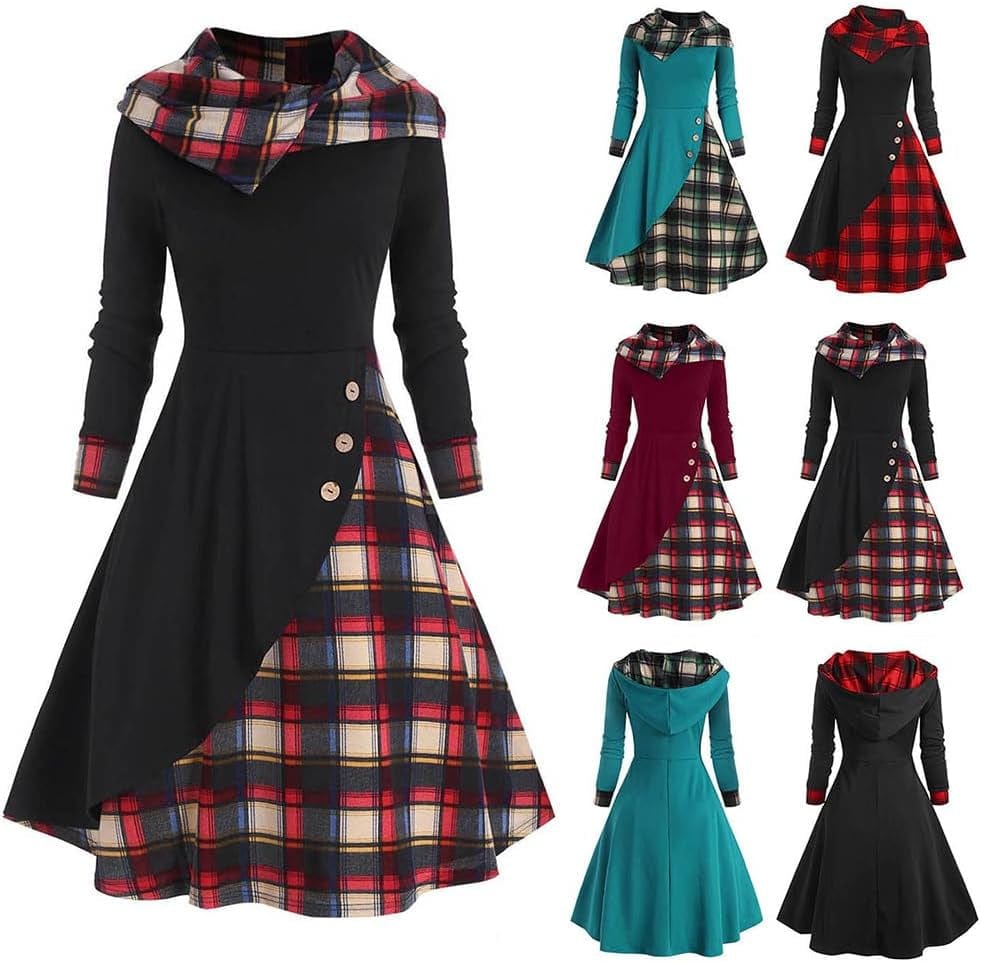 Plaid Print Splicing Dress, Women'S Plaid Print Splicing Button Decor Cable Hooded Long Sleeve Midi Dresses