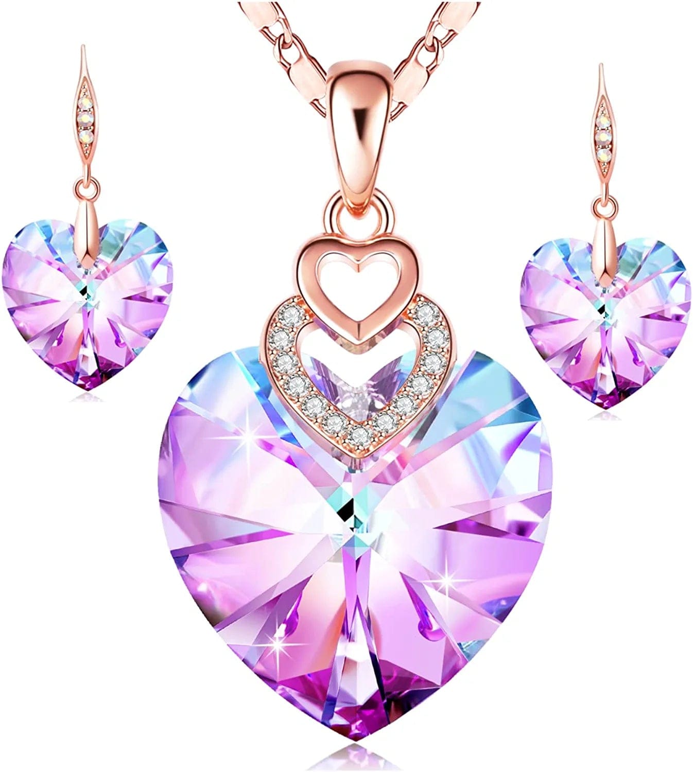 PLATO H 3 Heart Jewelry Set Crystals Valentine'S Gift for for Women Girls Pendant with Elegant Box Anniversary Mothers Day Gifts for Her E_Rose Gold Plated | Pink