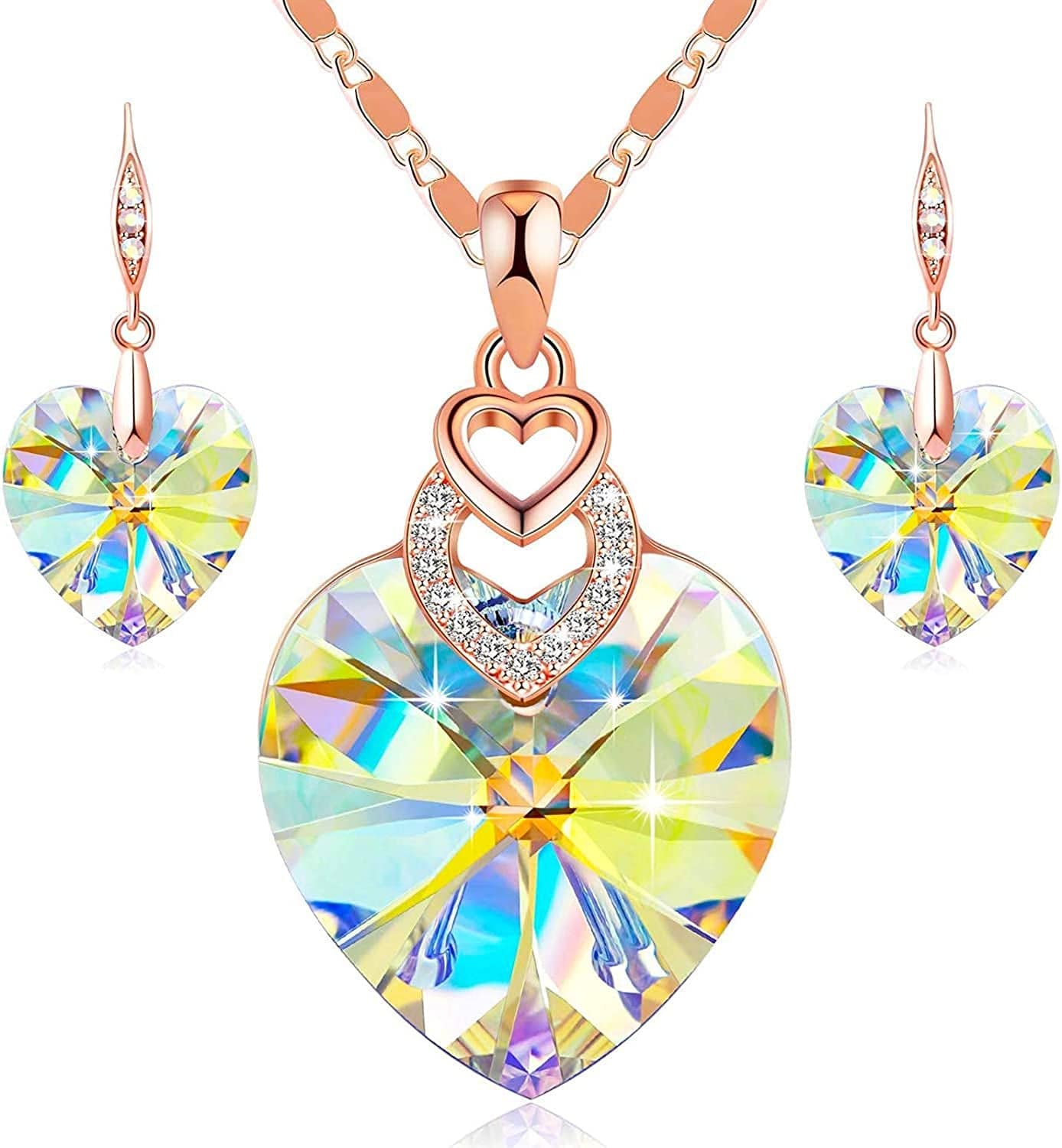 PLATO H 3 Heart Jewelry Set Crystals Valentine'S Gift for for Women Girls Pendant with Elegant Box Anniversary Mothers Day Gifts for Her H_Rose Gold Plated | Golden