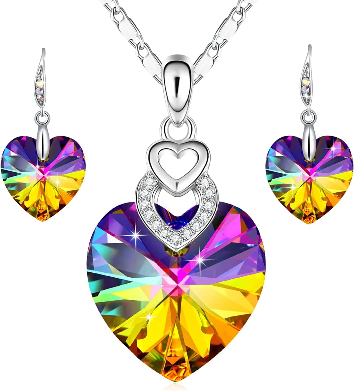 PLATO H 3 Heart Jewelry Set Crystals Valentine'S Gift for for Women Girls Pendant with Elegant Box Anniversary Mothers Day Gifts for Her B_Rainbow colors
