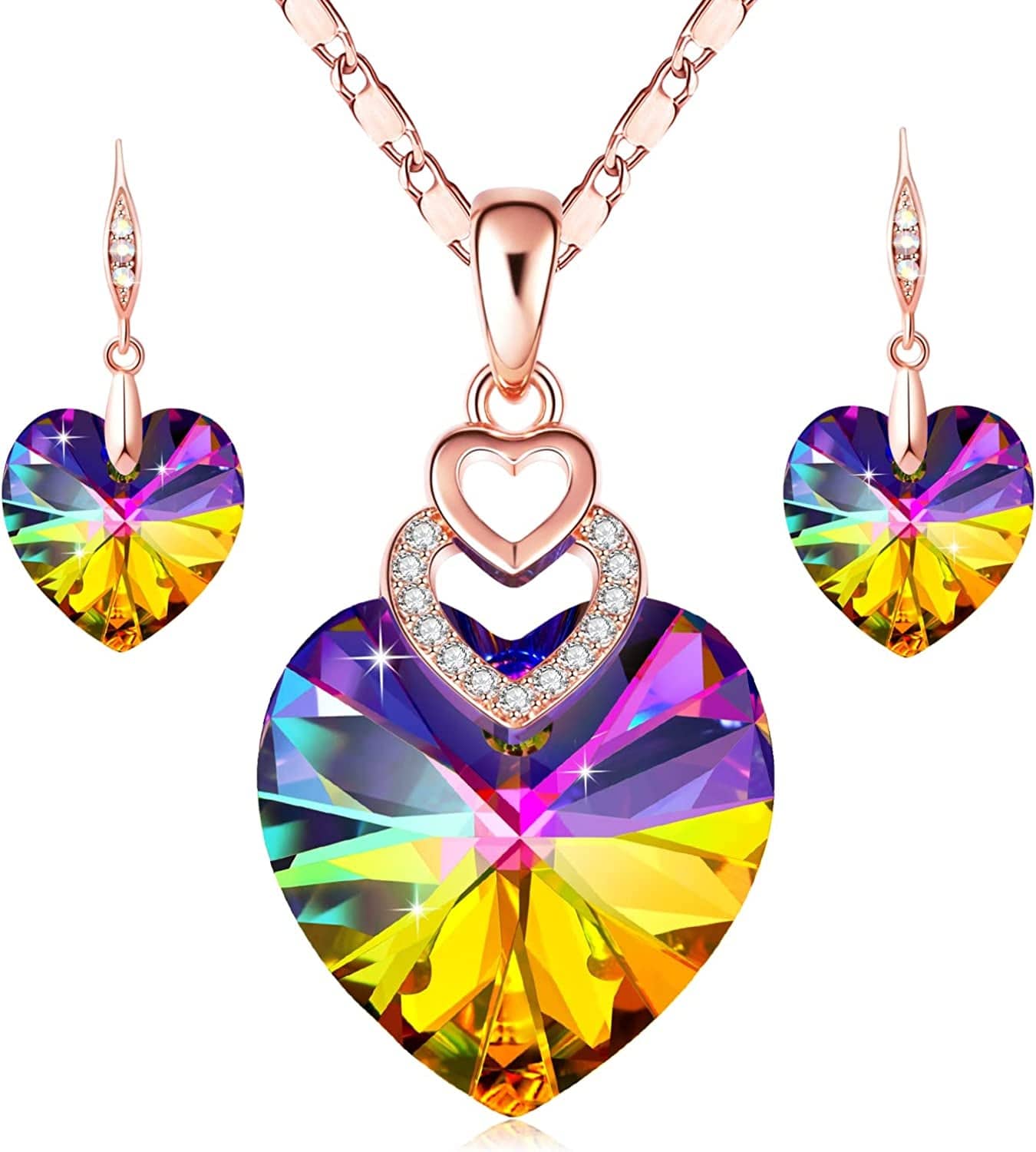 PLATO H 3 Heart Jewelry Set Crystals Valentine'S Gift for for Women Girls Pendant with Elegant Box Anniversary Mothers Day Gifts for Her F_Rose Gold Plated | Rainbow