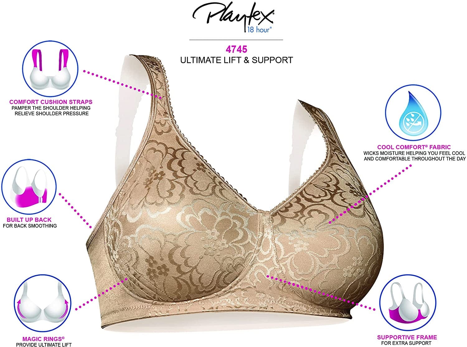 Playtex 18-Hour Ultimate Lift Wireless Bra, Wirefree Bra with Support, Full-Coverage Wireless Bra for Everyday Comfort