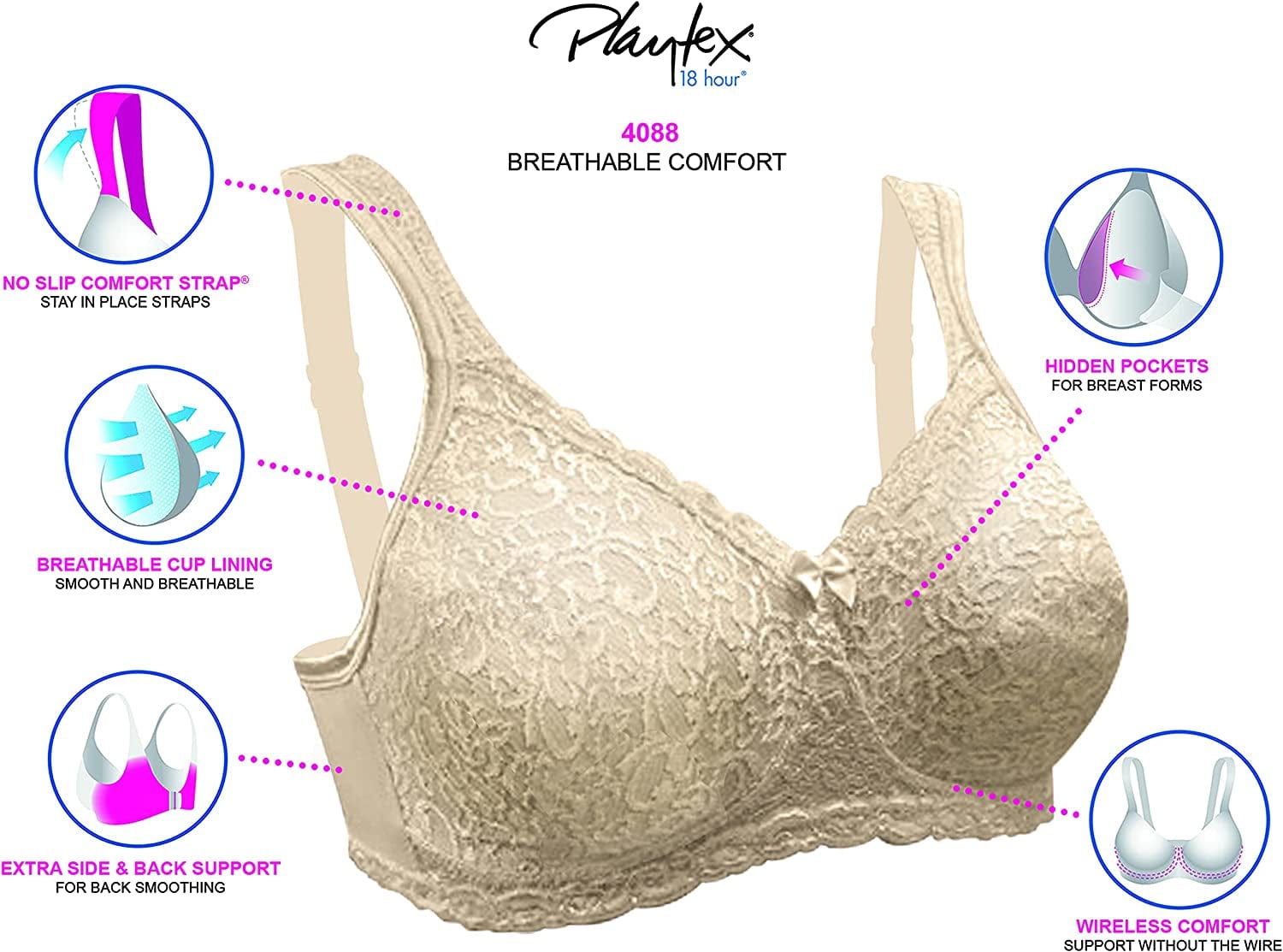 Playtex Women'S 18 Hour Airform Comfort Lace Wirefree Full Coverage Bra US4088