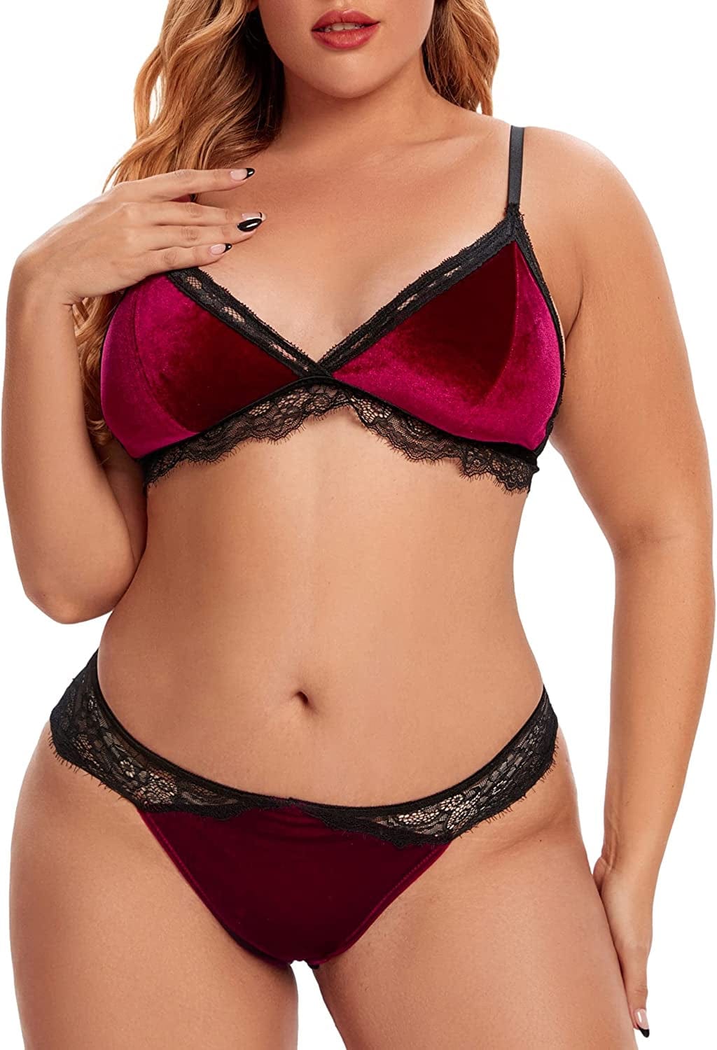 Plus Size Crushed Velvet Lingerie for Women, Sexy Contrast Lace Eyelash Trim Bra and Panty 2 Piece Set L-4XL Wine / X-Large