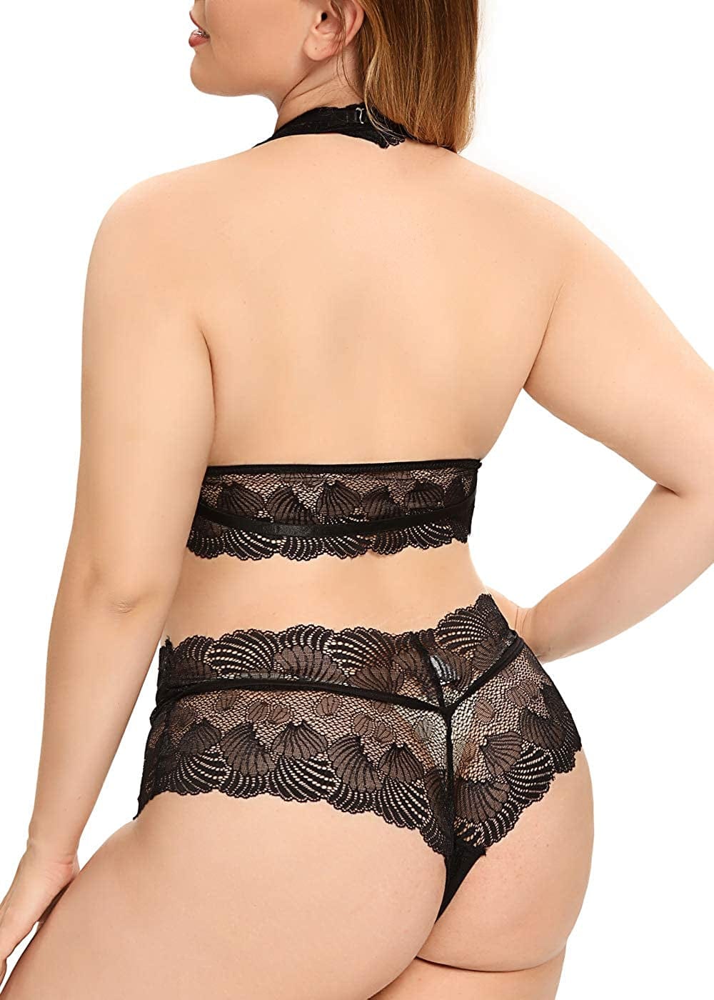 Plus Size Lingerie Set for Women Sexy Choker Bralettes Halter 2 Piece Bra and Panty V Neckline Sheer Lace Underwear Set