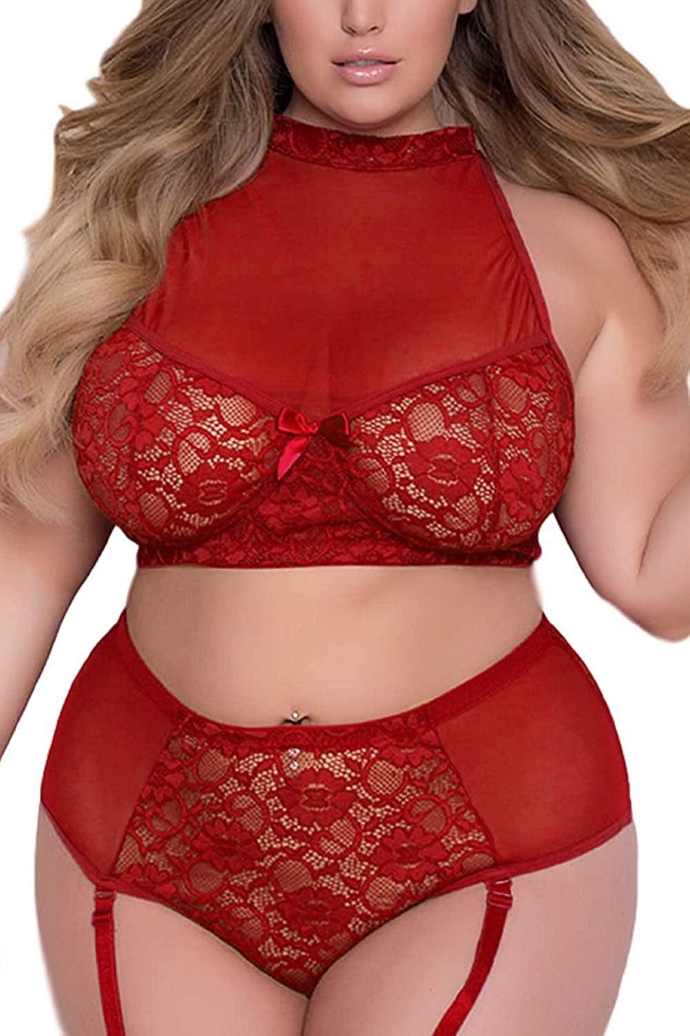 Plus Size Lingerie Set for Women - Sexy See Thru Halter Lace Mesh Crop Bra Top High Waist Panty Suspender Outfit Wine / X-Large