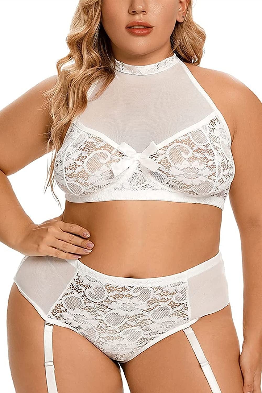 Plus Size Lingerie Set for Women - Sexy See Thru Halter Lace Mesh Crop Bra Top High Waist Panty Suspender Outfit White / X-Large