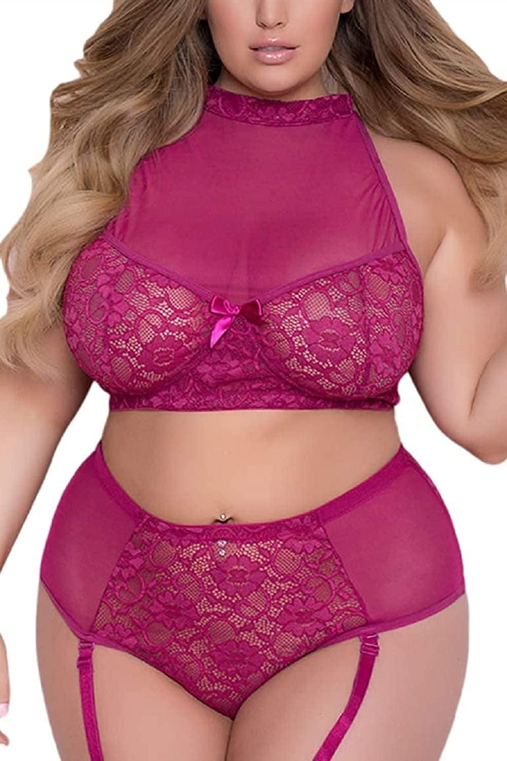 Plus Size Lingerie Set for Women - Sexy See Thru Halter Lace Mesh Crop Bra Top High Waist Panty Suspender Outfit Rose / Large