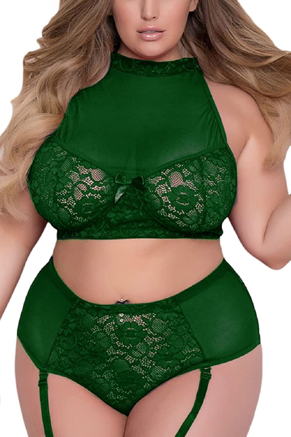 Plus Size Lingerie Set for Women - Sexy See Thru Halter Lace Mesh Crop Bra Top High Waist Panty Suspender Outfit Green / X-Large