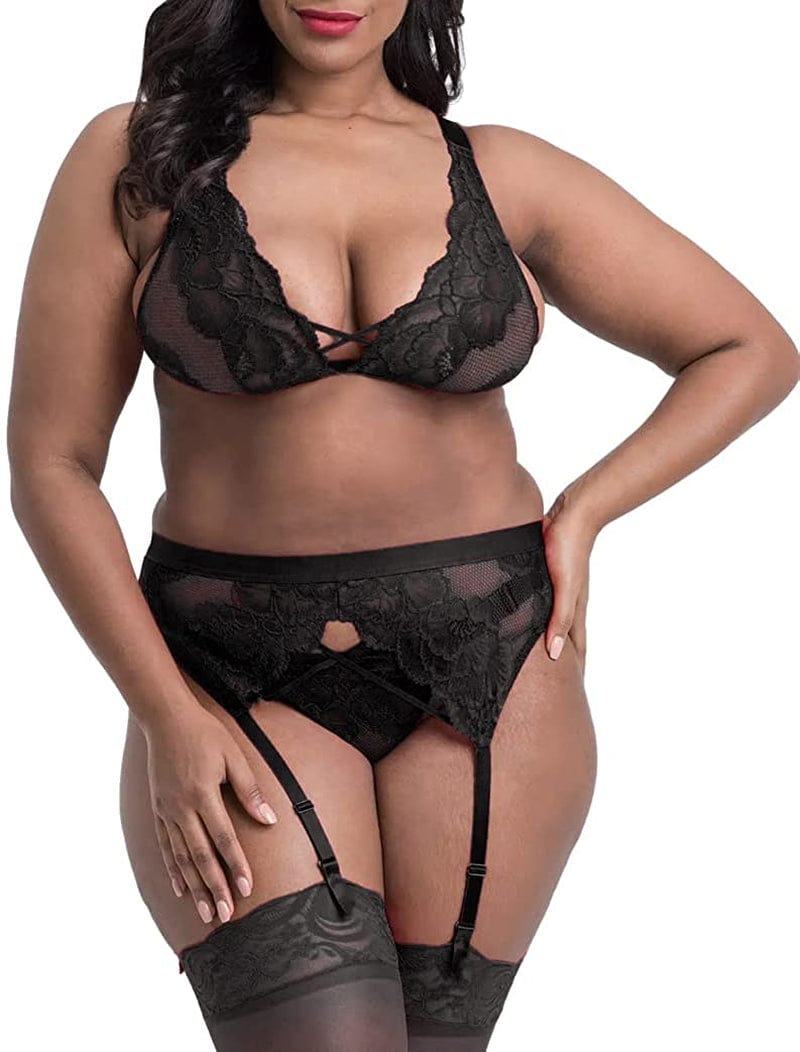 Plus Size Lingerie Set for Women - Sexy See Thru Halter Lace Mesh Crop Bra Top High Waist Panty Suspender Outfit Black#1 / 3X-Large