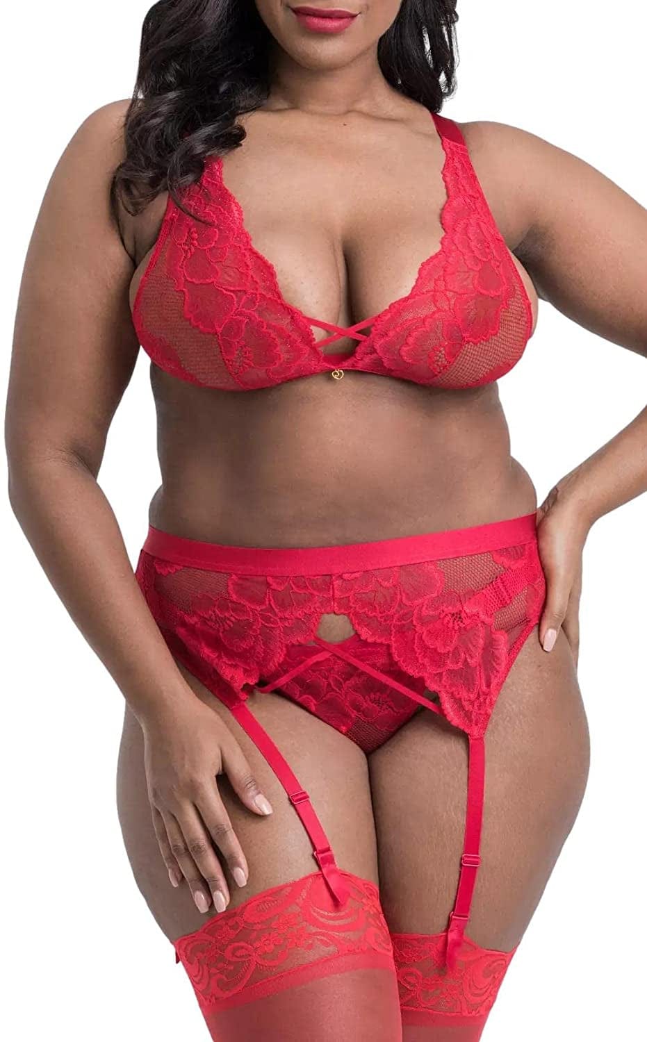 Plus Size Lingerie Set for Women - Sexy See Thru Halter Lace Mesh Crop Bra Top High Waist Panty Suspender Outfit Red#1 / 4X-Large