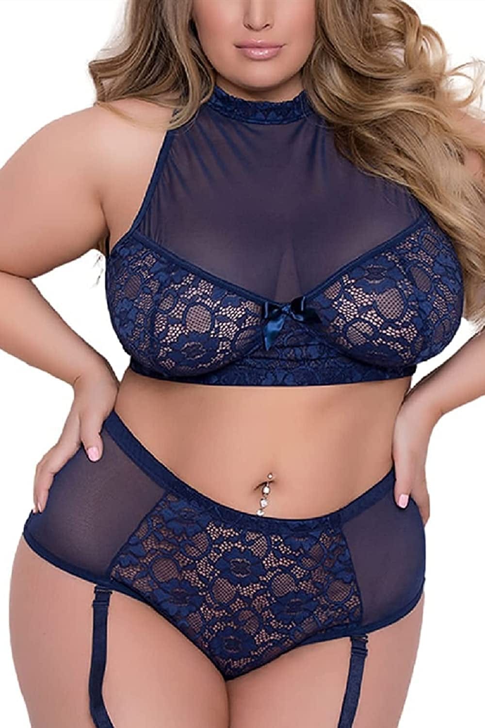Plus Size Lingerie Set for Women - Sexy See Thru Halter Lace Mesh Crop Bra Top High Waist Panty Suspender Outfit Navy / Large