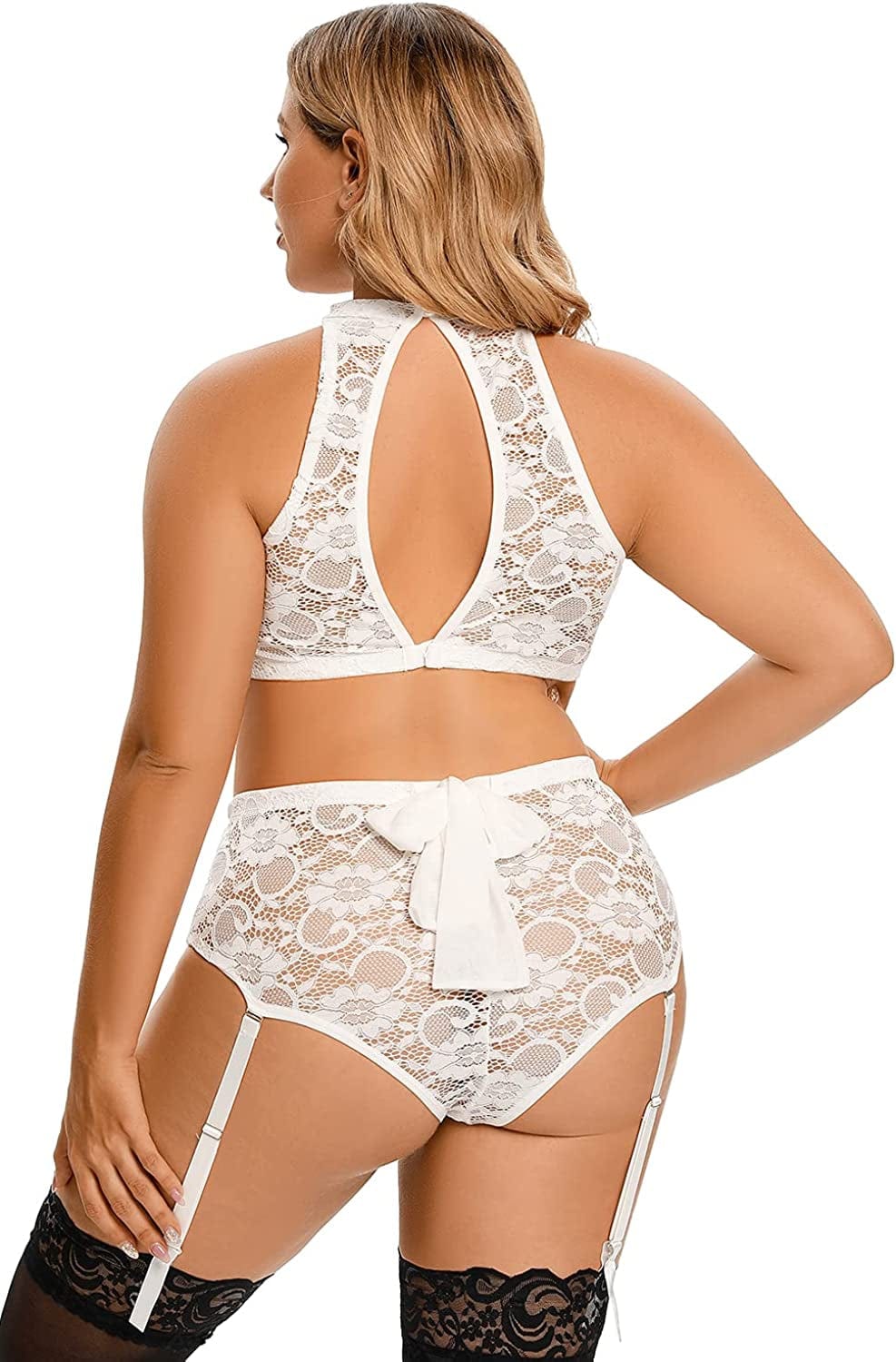 Plus Size Lingerie Set for Women - Sexy See Thru Halter Lace Mesh Crop Bra Top High Waist Panty Suspender Outfit