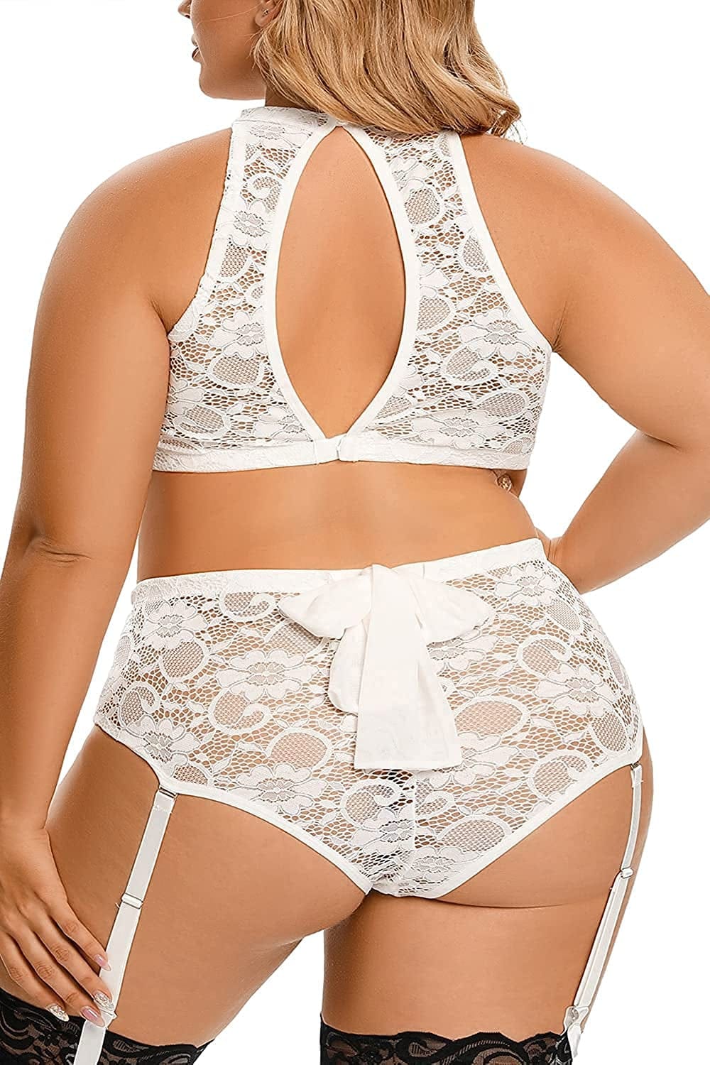 Plus Size Lingerie Set for Women - Sexy See Thru Halter Lace Mesh Crop Bra Top High Waist Panty Suspender Outfit