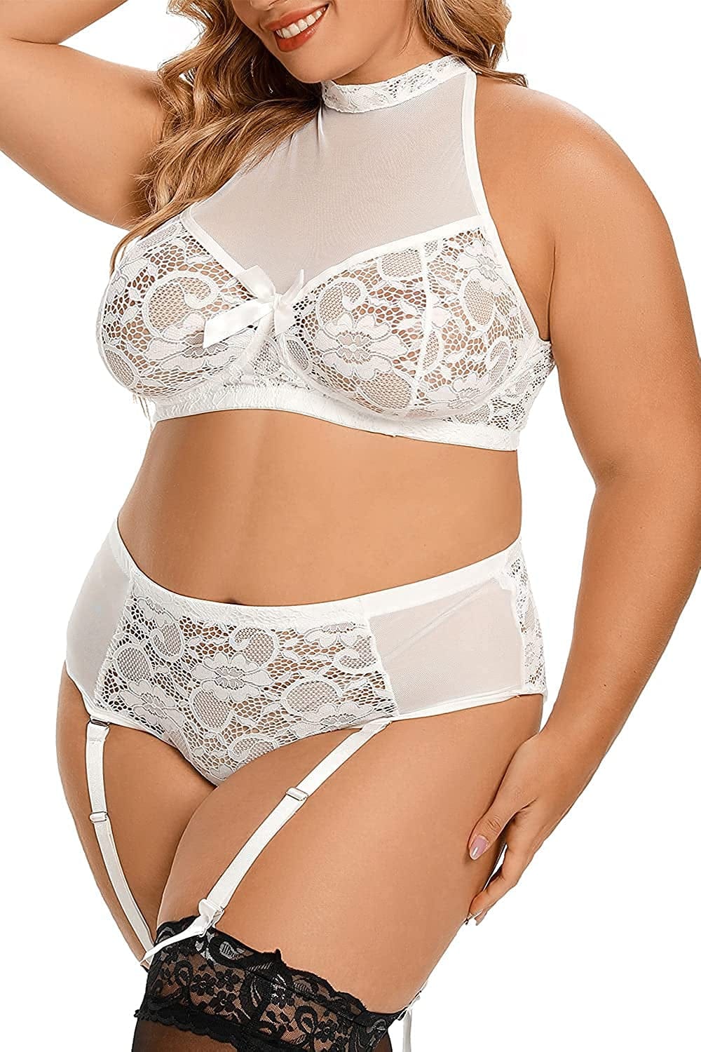 Plus Size Lingerie Set for Women - Sexy See Thru Halter Lace Mesh Crop Bra Top High Waist Panty Suspender Outfit