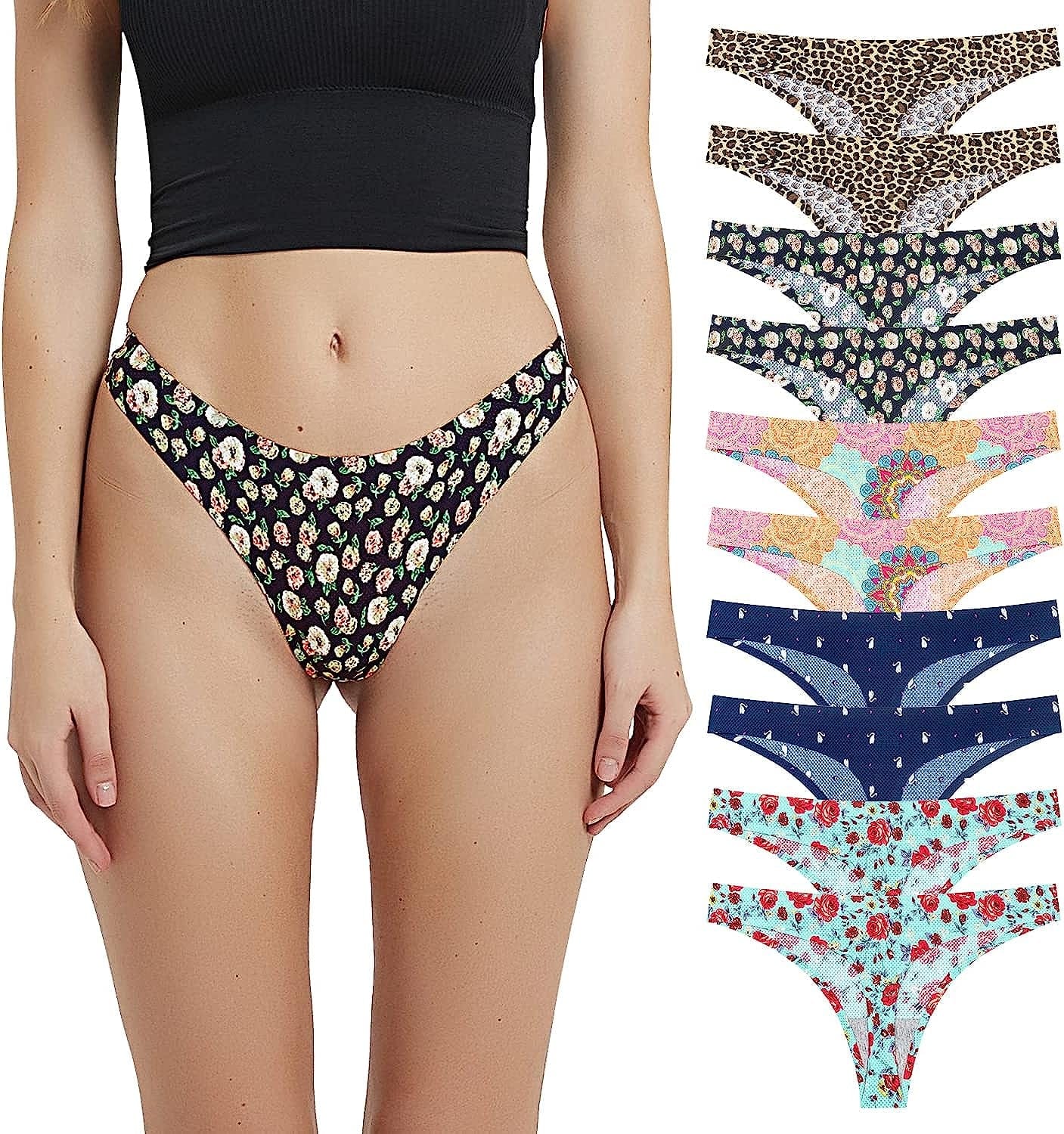 POKARLA Seamless Thongs for Women No Show Underwear Pack of 10 Multicolor-03-pack of 10 / Medium