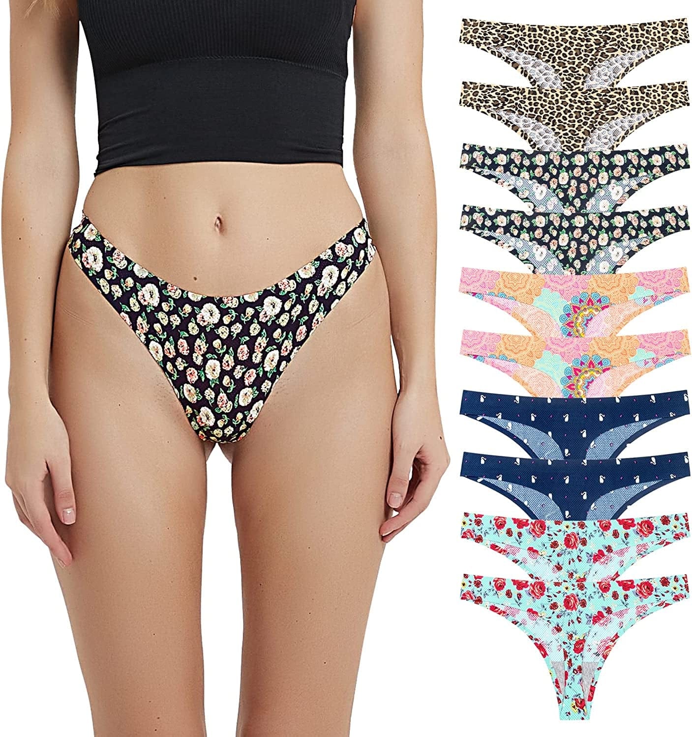 POKARLA Seamless Thongs for Women No Show Underwear Pack of 10 Multicolor-03-pack of 10 / X-Large