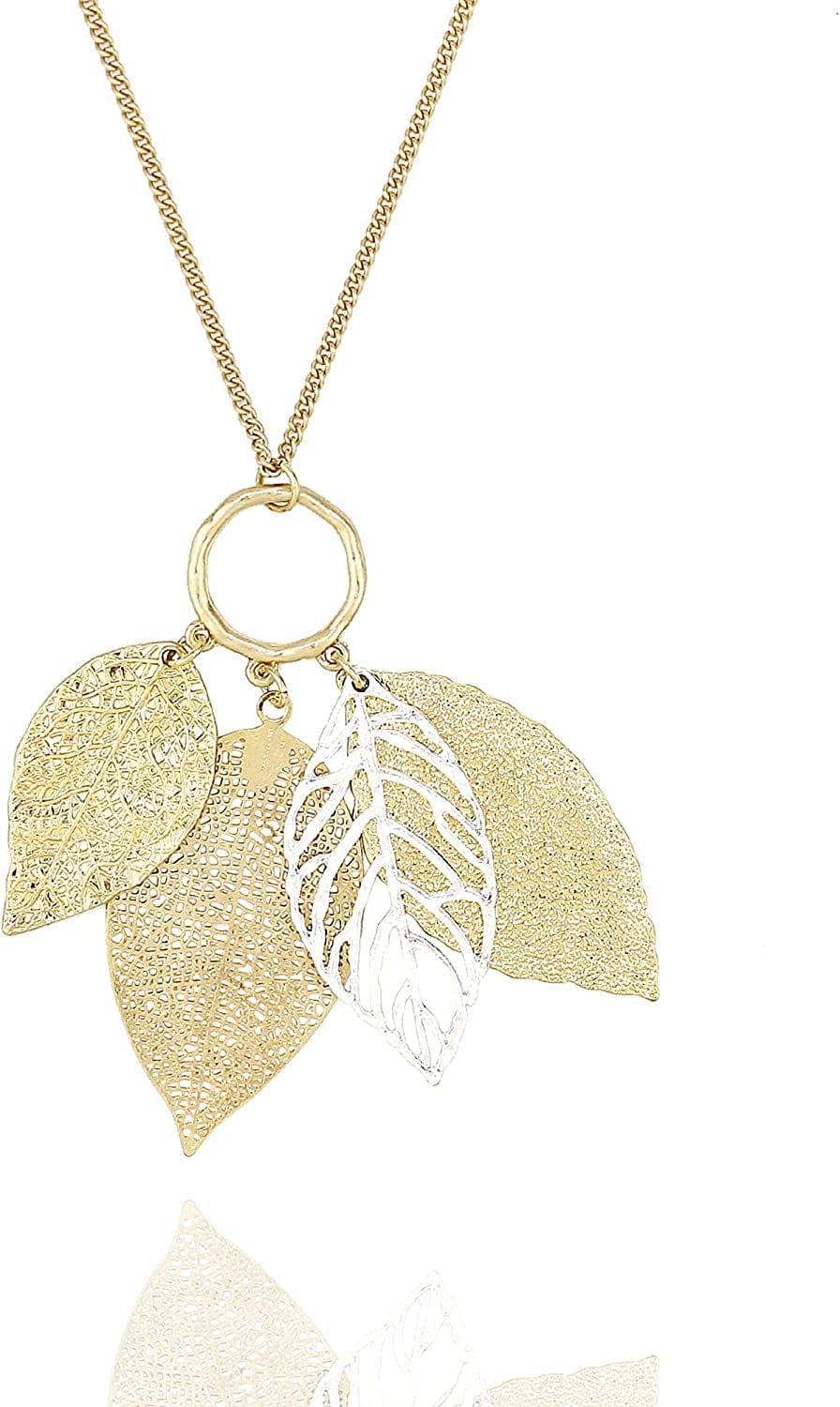 POMINA Gold Silver Two Tone Filigree Fall Leaf Pendant Long Necklace Chic Sweater Chain Statement Necklace for Women Worn Gold