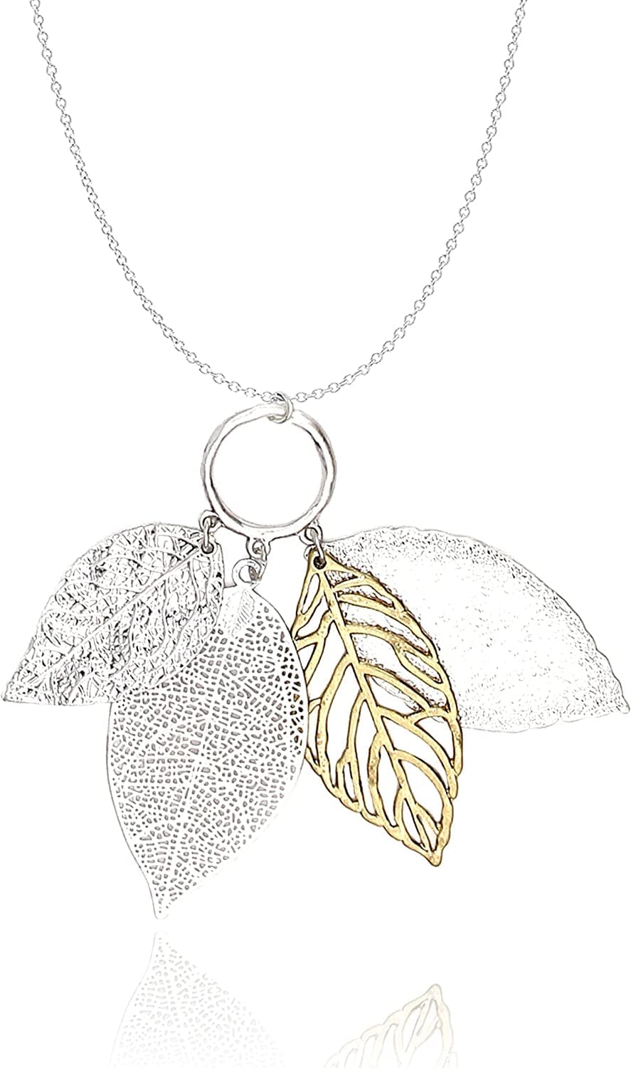 POMINA Gold Silver Two Tone Filigree Fall Leaf Pendant Long Necklace Chic Sweater Chain Statement Necklace for Women Worn silver
