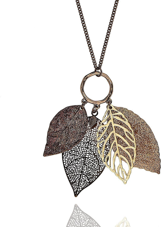 POMINA Gold Silver Two Tone Filigree Fall Leaf Pendant Long Necklace Chic Sweater Chain Statement Necklace for Women Worn Choco Gold