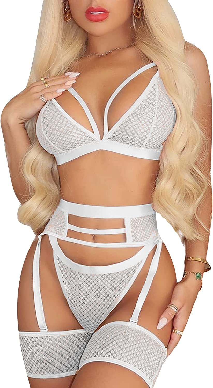 Popiv Women Sexy Lingerie Strappy Lace Garter Lingerie Sets High Waisted Sheer Mesh Lingerie White / 3X-Large