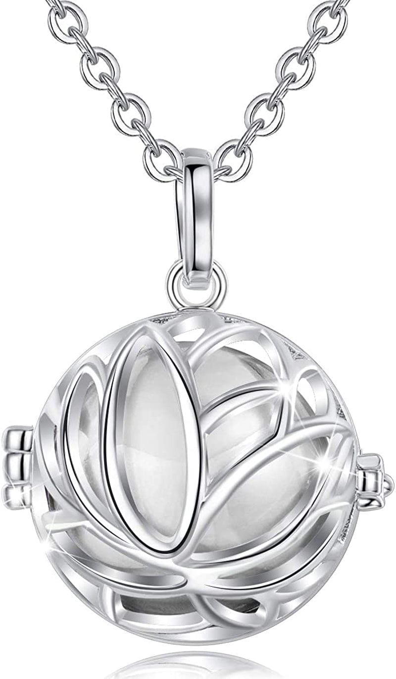 Pregnancy Necklace Lotus Long Pendant Necklaces Chime Ball Music Wishing Jewellery Pregnancy Gifts for Women Maternity Mum Baby Shower Silver