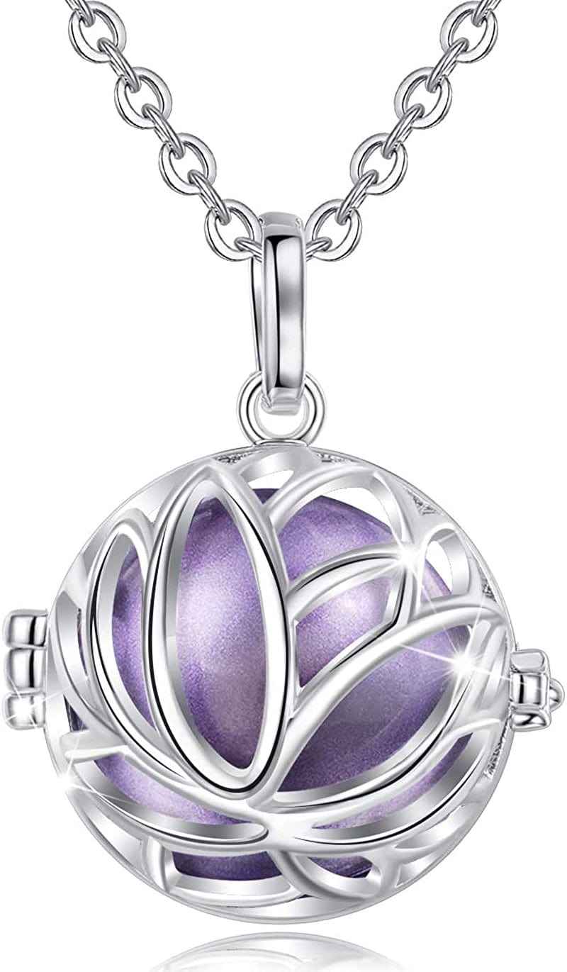 Pregnancy Necklace Lotus Long Pendant Necklaces Chime Ball Music Wishing Jewellery Pregnancy Gifts for Women Maternity Mum Baby Shower Lavender