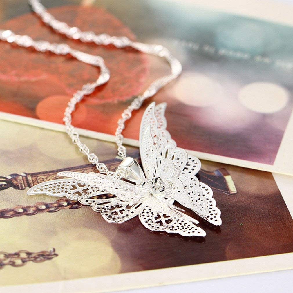 Premium Quality Hollow Butterfly Necklace Pendant Necklace Chain Necklace Jewelry Gifts, Silver Plated