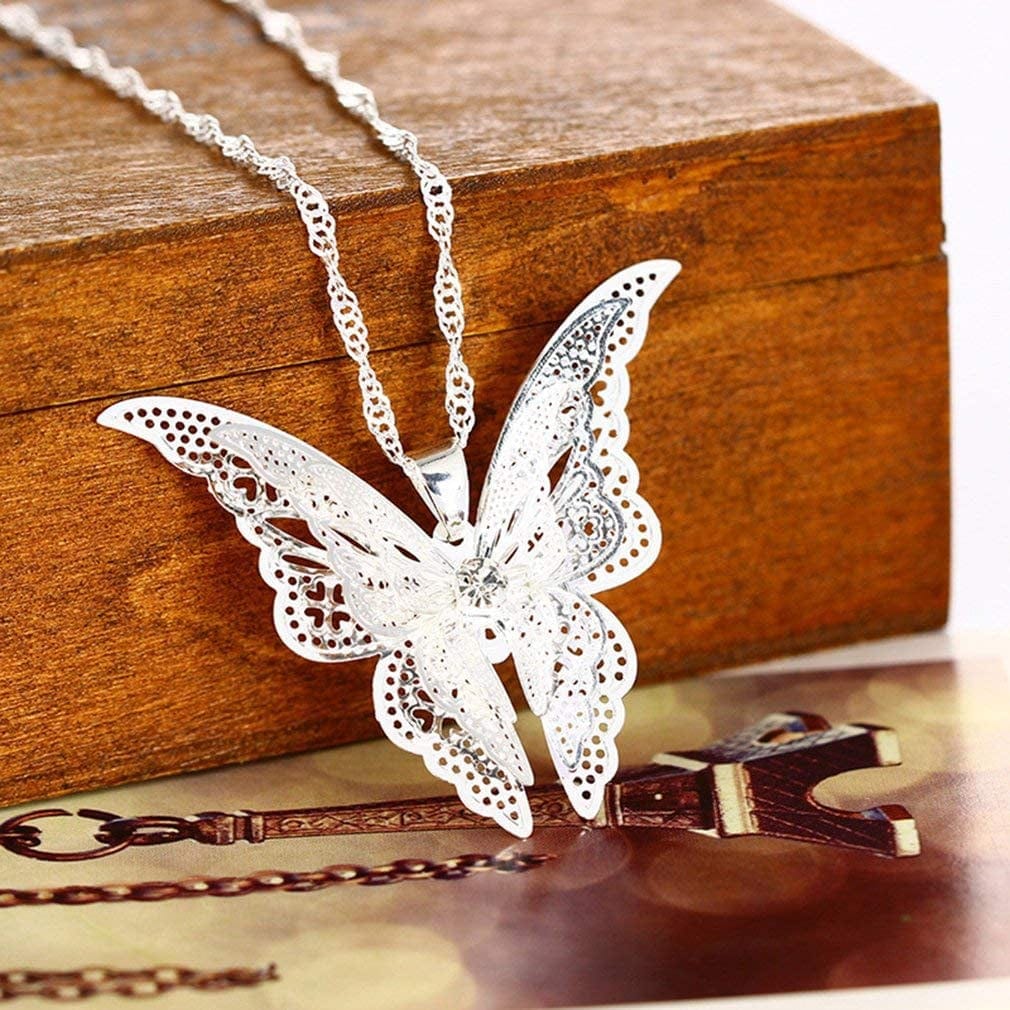 Premium Quality Hollow Butterfly Necklace Pendant Necklace Chain Necklace Jewelry Gifts, Silver Plated