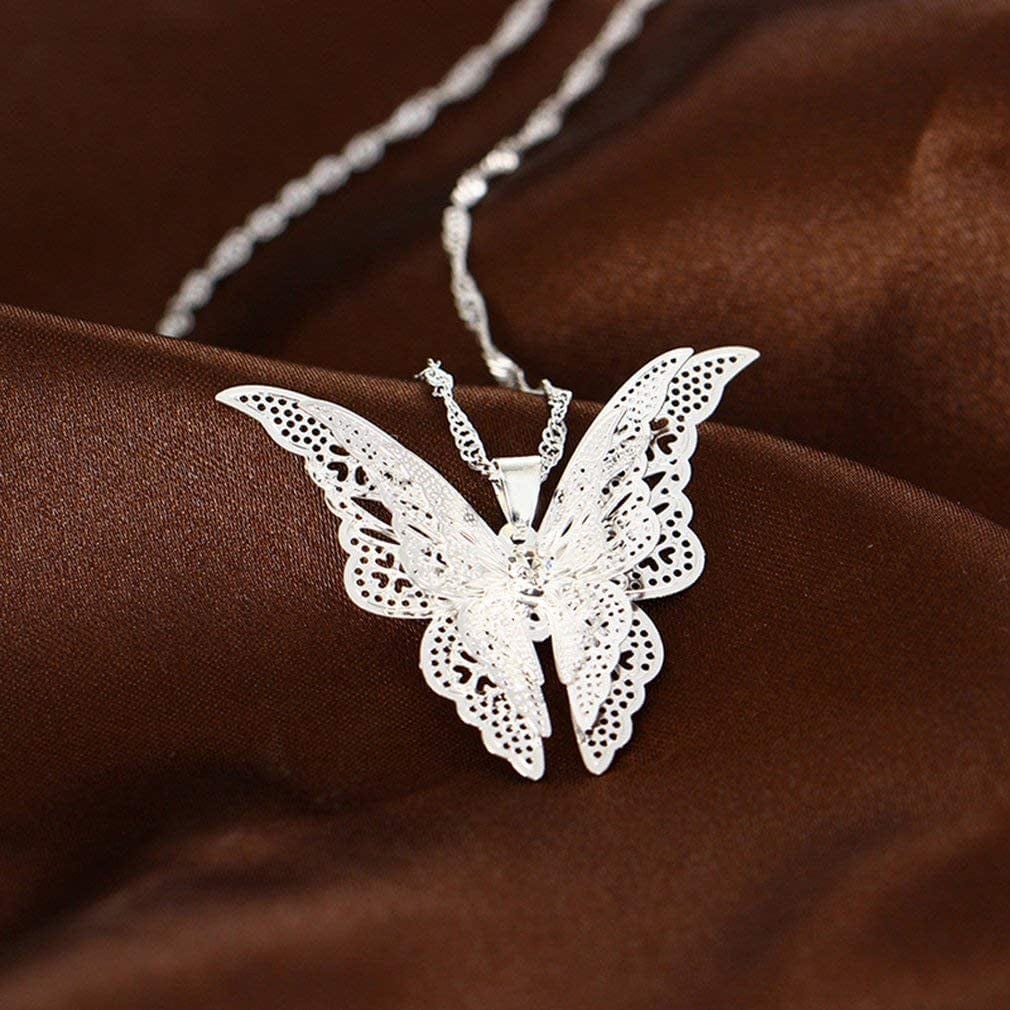 Premium Quality Hollow Butterfly Necklace Pendant Necklace Chain Necklace Jewelry Gifts, Silver Plated
