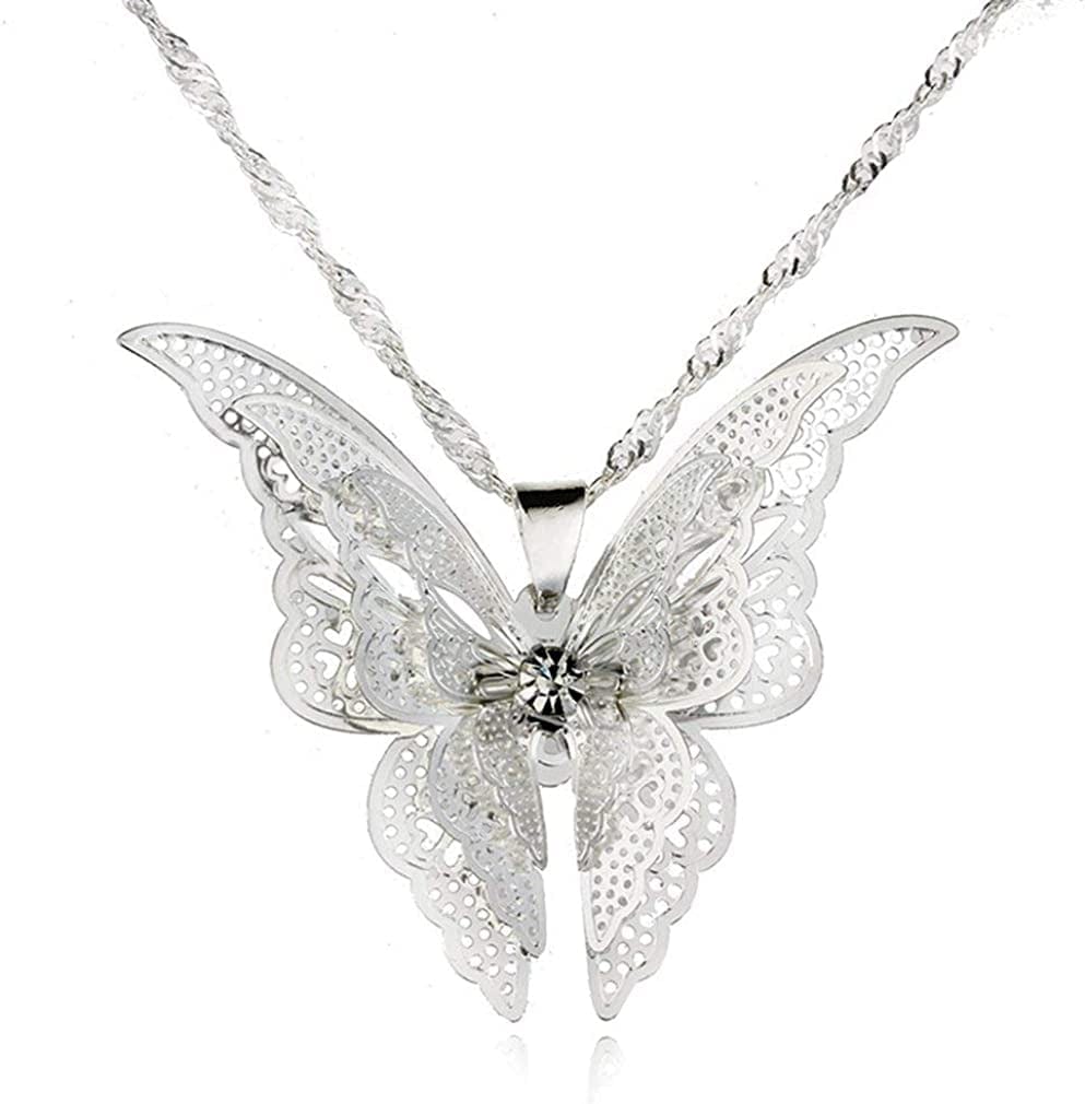 Premium Quality Hollow Butterfly Necklace Pendant Necklace Chain Necklace Jewelry Gifts, Silver Plated