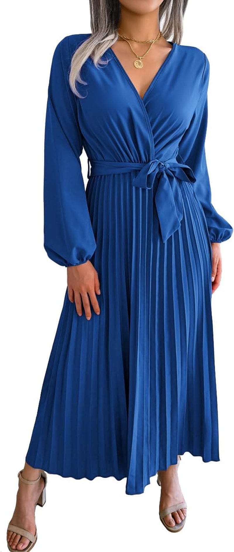 PRETTYFATE Women'S Wrap Dress Casual Long Sleeve Cross V Neck a Line Pleated Midi Dresses with Belt Blue / Large