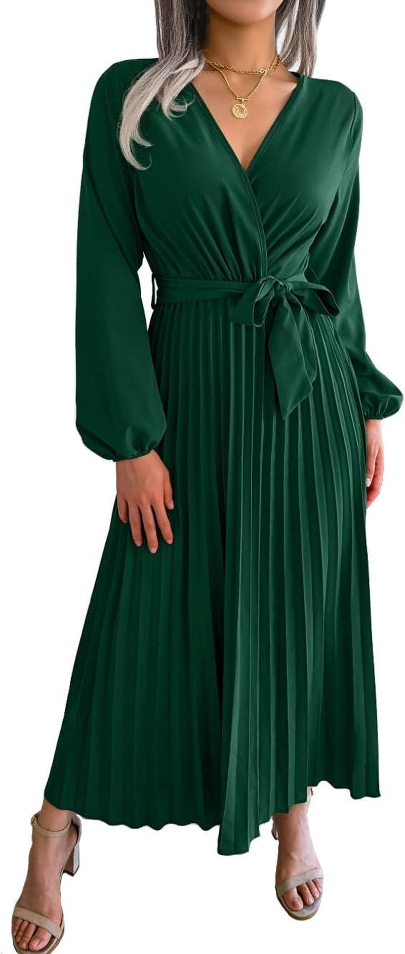 PRETTYFATE Women'S Wrap Dress Casual Long Sleeve Cross V Neck a Line Pleated Midi Dresses with Belt Darkgreen / Small