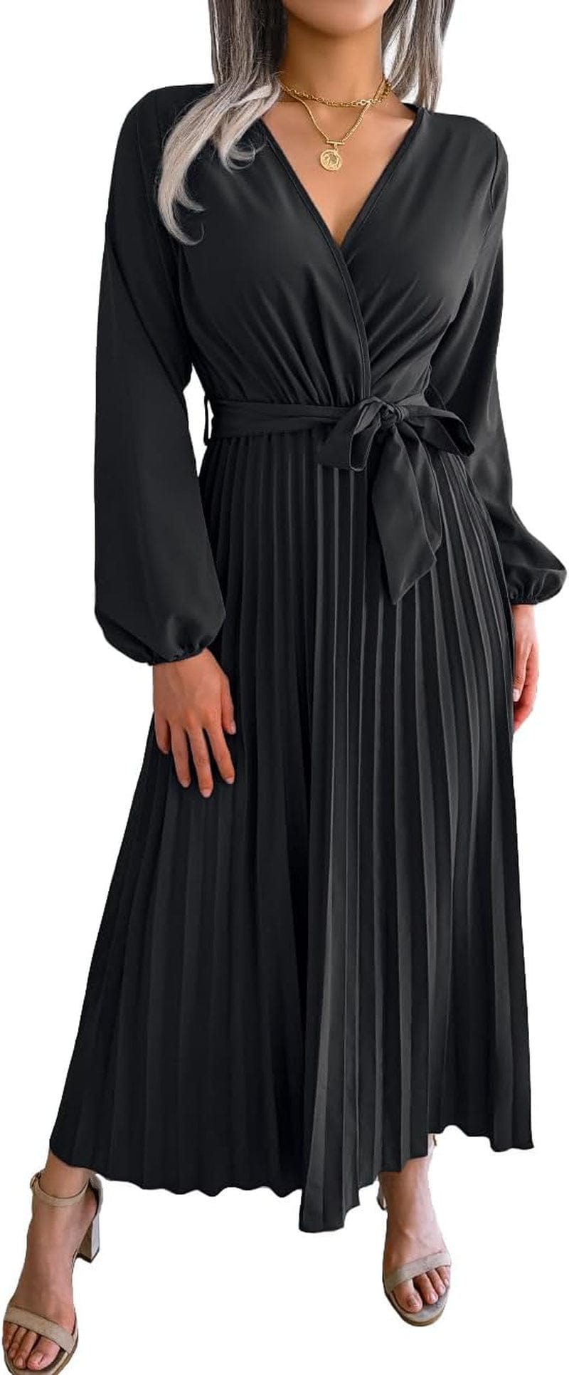 PRETTYFATE Women'S Wrap Dress Casual Long Sleeve Cross V Neck a Line Pleated Midi Dresses with Belt Black / X-Large