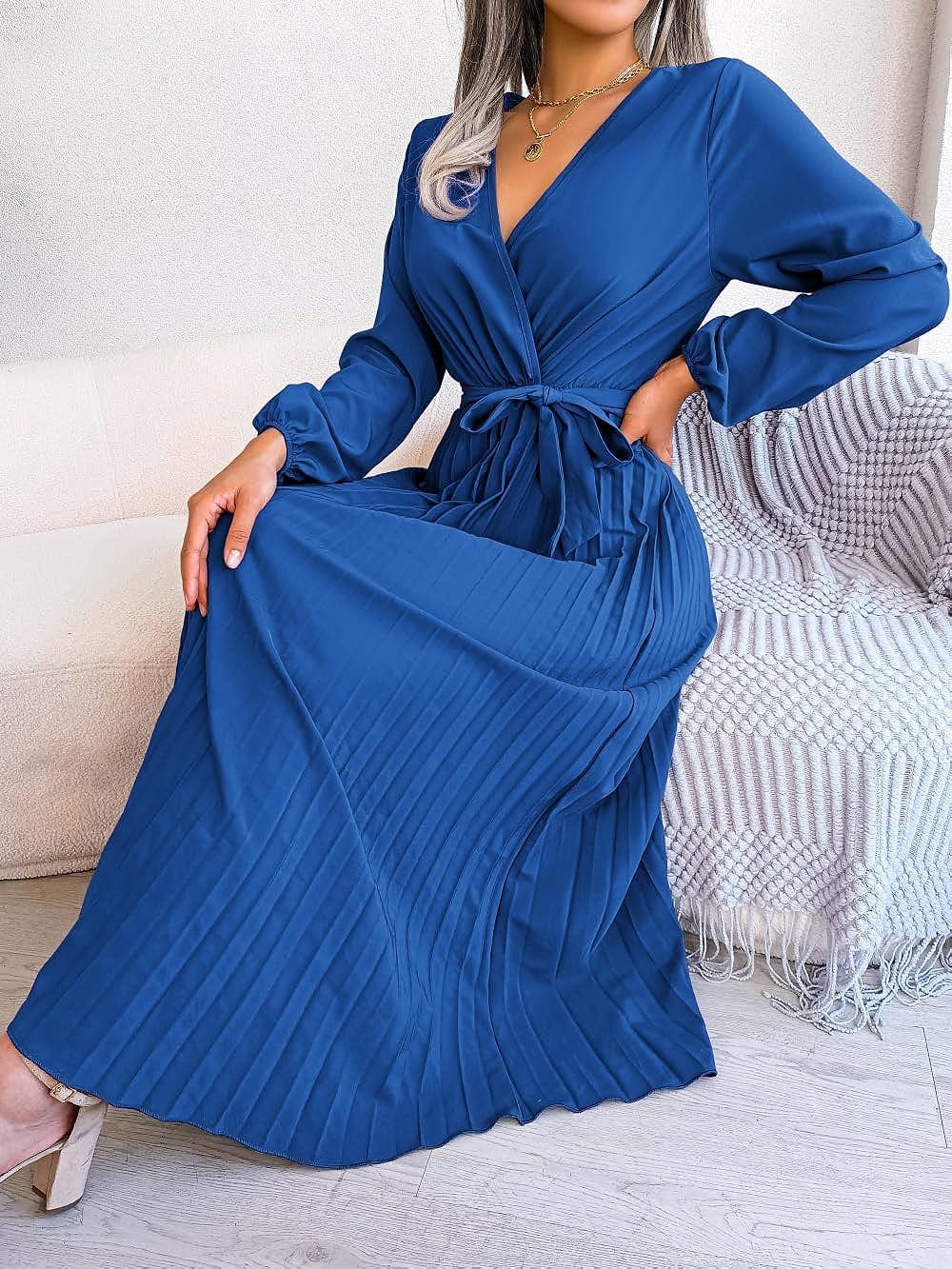 PRETTYFATE Women'S Wrap Dress Casual Long Sleeve Cross V Neck a Line Pleated Midi Dresses with Belt