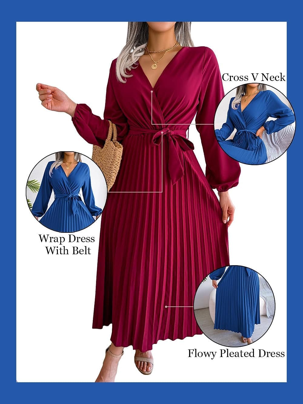 PRETTYFATE Women'S Wrap Dress Casual Long Sleeve Cross V Neck a Line Pleated Midi Dresses with Belt