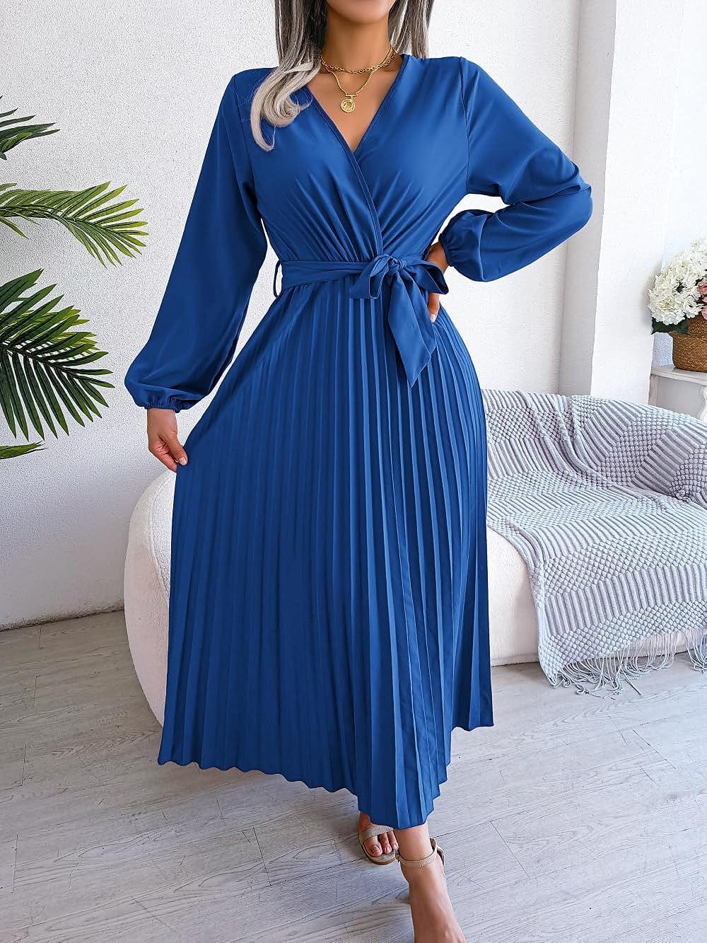 PRETTYFATE Women'S Wrap Dress Casual Long Sleeve Cross V Neck a Line Pleated Midi Dresses with Belt