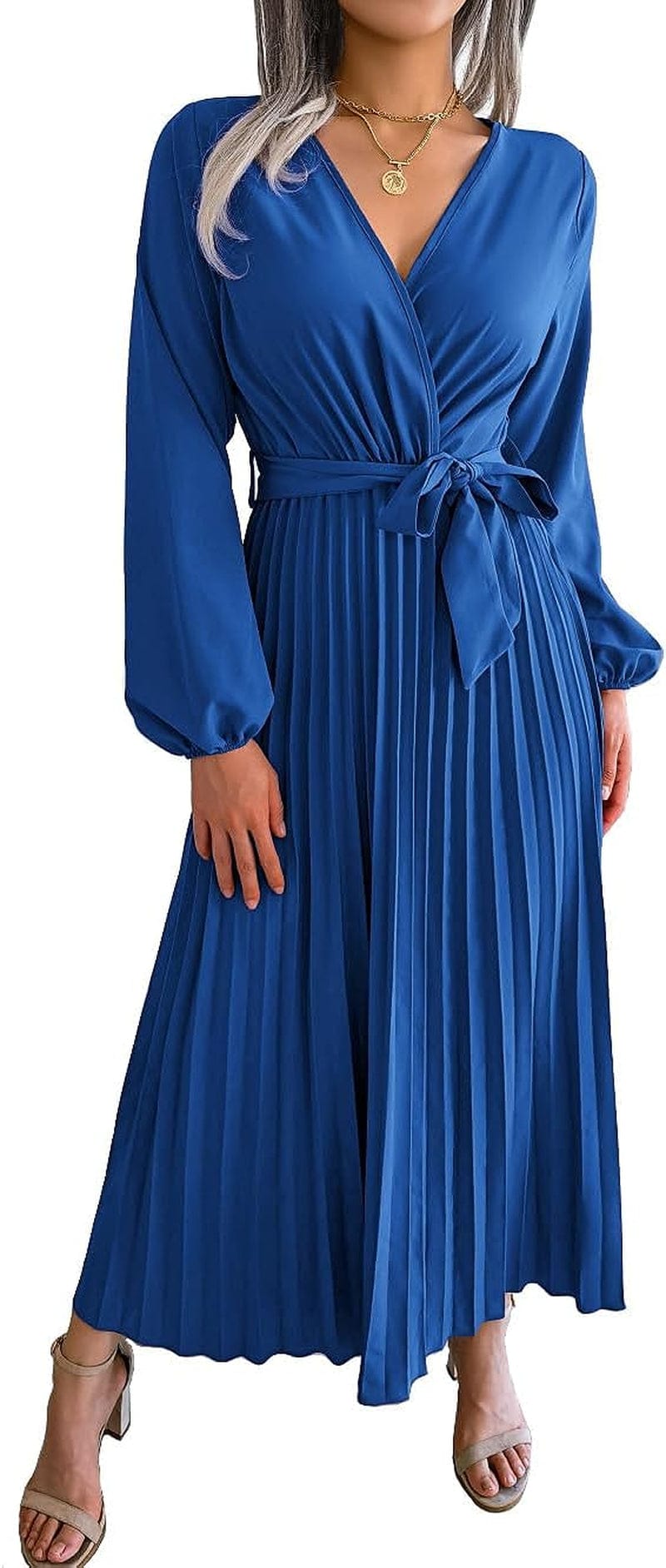 PRETTYFATE Women'S Wrap Dress Casual Long Sleeve Cross V Neck a Line Pleated Midi Dresses with Belt