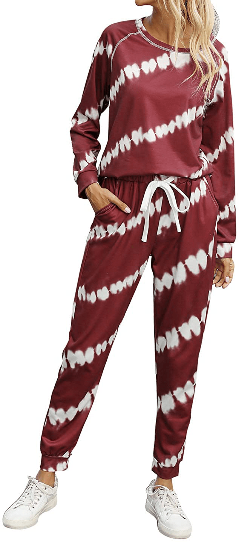 PRETTYGARDEN Women’s Tie Dye Two Piece Pajamas Set Long Sleeve Sweatshirt with Long Pants Sleepwear Apparel & Accessories > Clothing > Sleepwear & Loungewear > Pajamas PRETTYGARDEN Ombre-wine Red Small