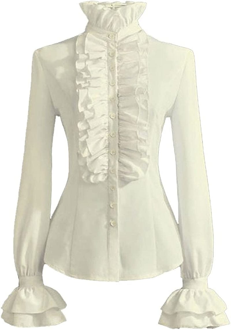 Prettyguide Women'S Victorian Blouse Retro Stand-Up Collar Lotus Ruffle Long Sleeve Gothic Shirt Tops Off-white / X-Large